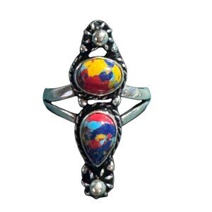 Sterling Silver Boho Three‑Stone Ring – Multicolor Art Glass Cabochons – Ornate